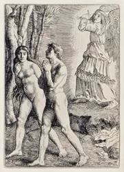 Adamo ed Eva espulsi dal Paradiso da Il paradiso perduto di John Milton (1608-1674) una serie di 12 illustrazioni incise da William Strang (1859-1921)